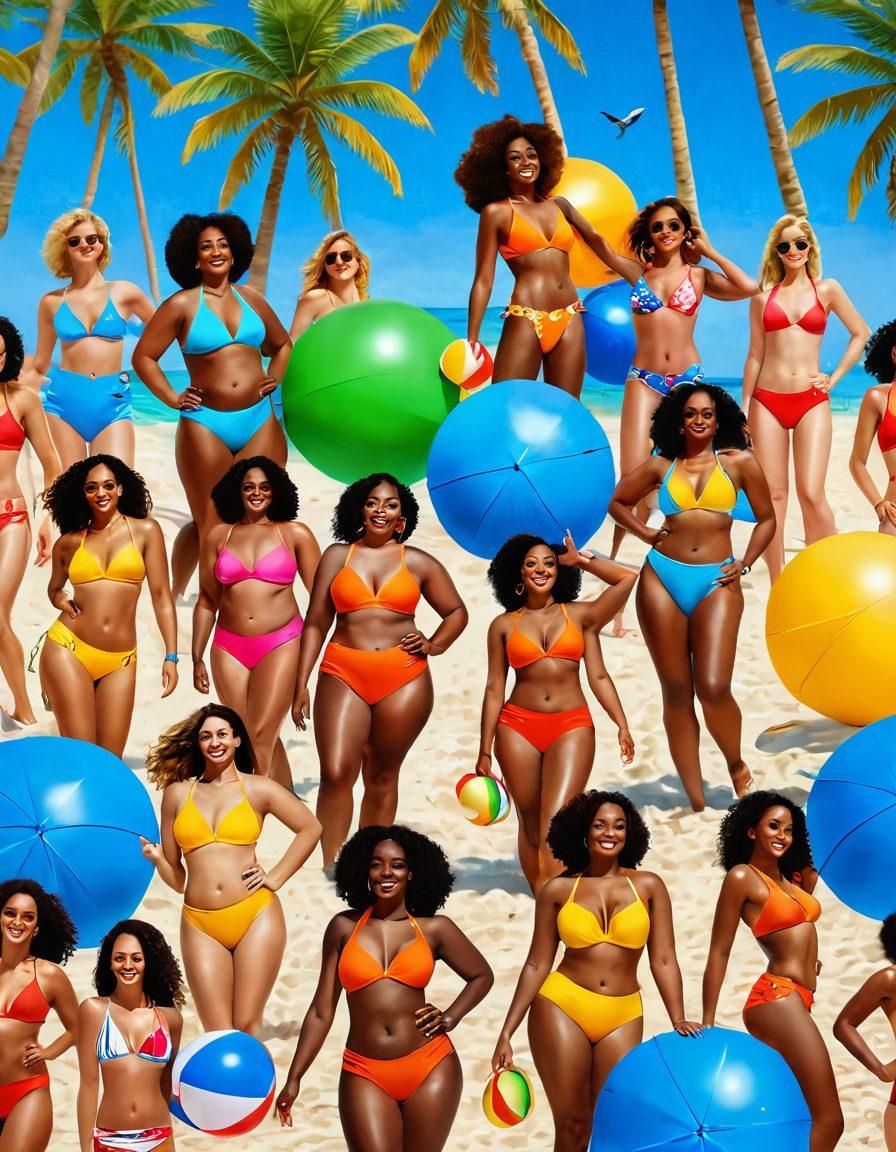 A vibrant beach scene featuring diverse women of various body shapes in stylish swimwear, confidently enjoying the sun with beach balls and umbrellas around. The background showcases a bright blue ocean and golden sand, with palm trees swaying in the breeze. The lighting emphasizes confidence and joy, inspiring a sense of body positivity and summer fun. tropical colors. super-realistic.