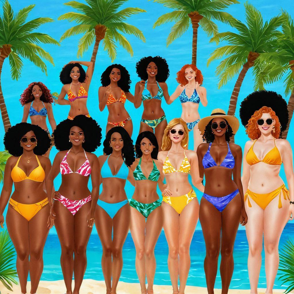 Illustrate a vibrant beach scene with diverse individuals proudly wearing stylish bikinis that flatter their unique body shapes. Include a sunny sky, a shimmering ocean, and palm trees in the background, capturing the essence of summer fun and body positivity. Showcase a variety of bikini styles, colors, and patterns, emphasizing confidence and joy. super-realistic. vibrant colors. sunny ambiance.